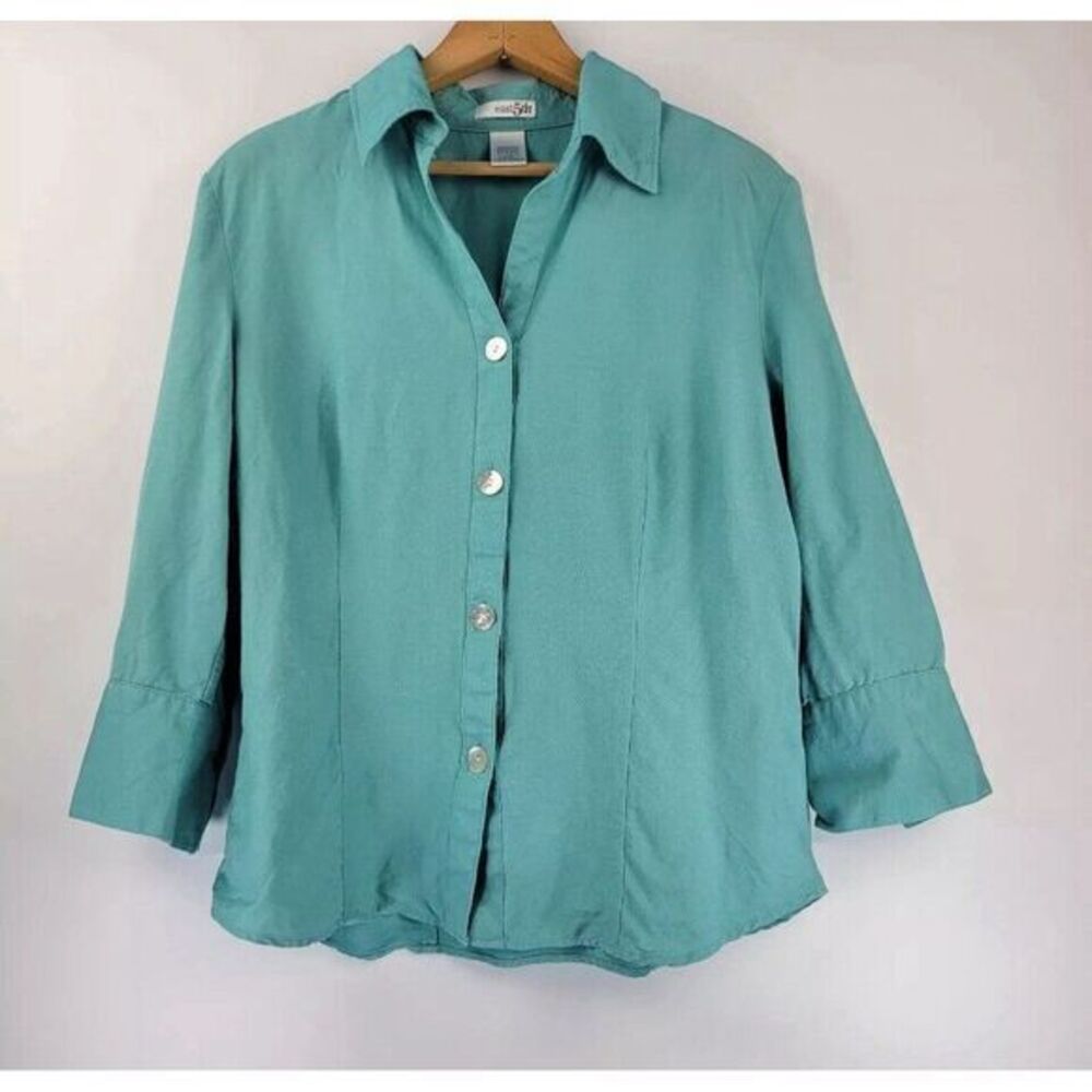 East 5th Womens L Linen Blend Shirt Top 3/4 Sleeve Button Collar Coastal Teal